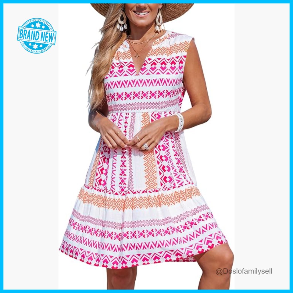 Ruffle Mini Dress V Neck Sleeveless A Line Geometric Pattern Summer Casual